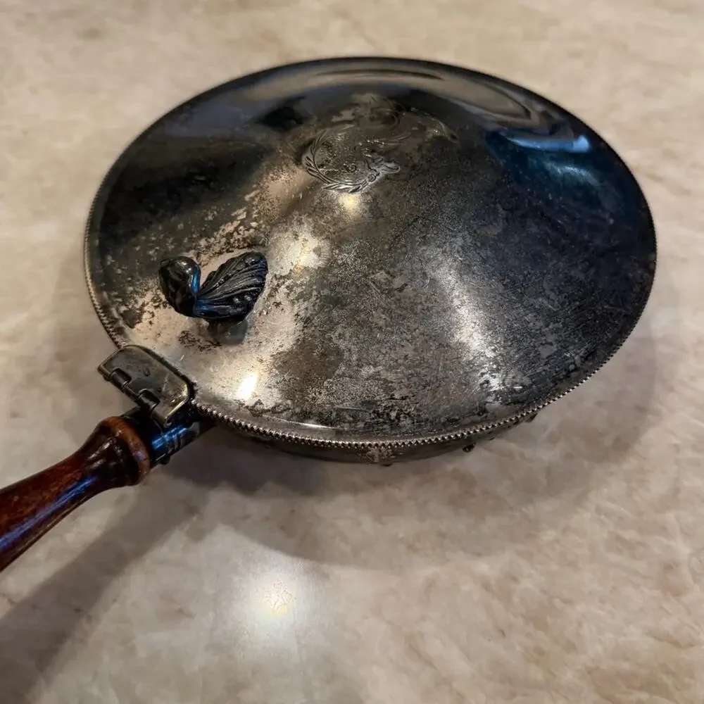 Vintage Silver on Copper silent butler Pan with Wooden Handle